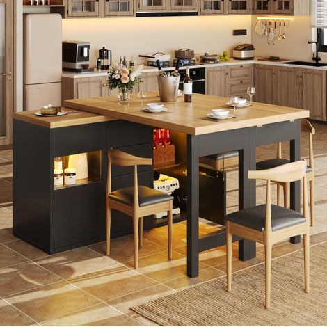 Isla central de cocina 120-197x40 cm con encimera giratoria 360°, LED RGB, 4 cajones, puertas de cristal, MDF negro (1/5)