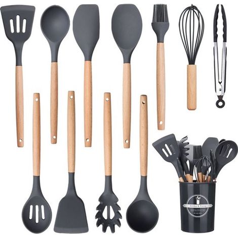 Set of 12 silicone kitchen utensils with stand and black wooden handles (1/4)