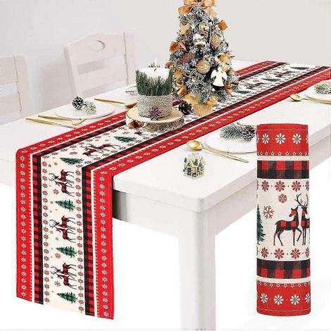 Chemin de table de Noël, nappe de Noël, chemin de table de Noël avec renne rouge et sapin de Noël, lavable, pour le dîner de Noël (1/5)