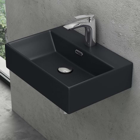 doporro Lavabo da Appoggio in Ceramica Rettangolare Lavandino Bagno Sospeso con Foro Rubinetto e Troppopieno 51x36x13cm Nero opaco Lavello con Rivestimento Nano Design Moderno Brüssel206