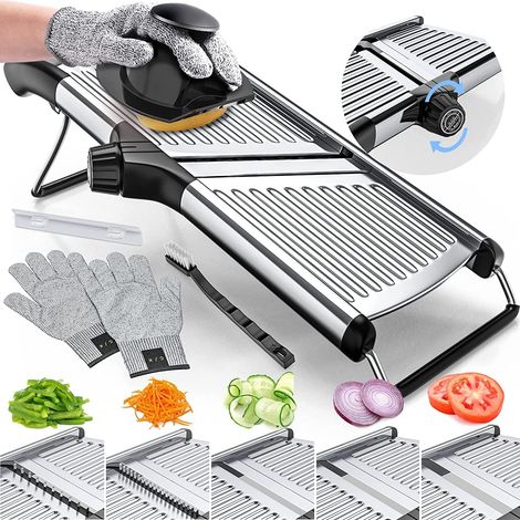 Verstellbare Mandoline zum Schneiden von Lebensmitteln, Mandoline in Profiqualität, schneidet Kartoffeln, Tomaten, Karotten, Gemüse, Obst und Zwiebeln - Edelstahl - inklusive 1 Paar schnittfester Hand
