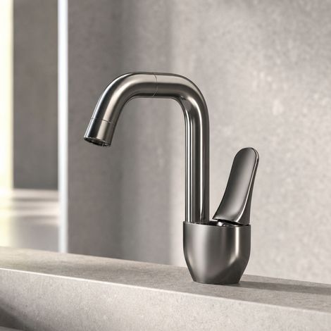Robinet lavabo pivotant 360° mitigeur eau chaude et froide en laiton massif finition gris gunmetal PVD brossé design moderne salle de bain (1/5)