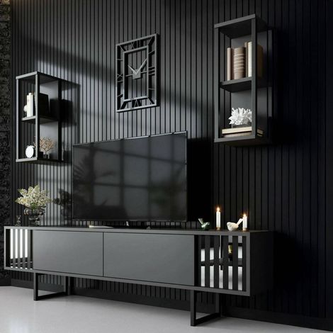 Dmora - Mueble de televisión Ananke, Aparador de salón, Mueble bajo para TV, Base de pared equipada, 180x30h48 cm, Antracita y Negro, con embalaje reforzado (1/5)