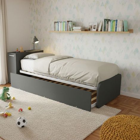 Letto singolo con secondo letto estraibile e testata testiera contenitiva - 80x190 - Basalto