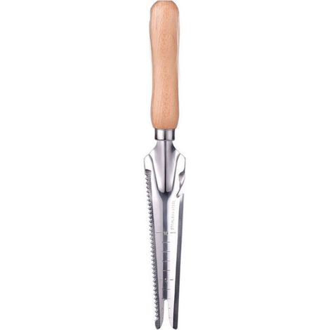 Outil de désherbage manuel avec poignée en bois et tête en acier inoxydable avec mesure, extracteur de désherbage pour désherber, planter des légumes, des fleurs, creuser, élager (1/5)