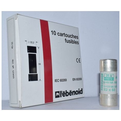 Fusible 25A cartouche 22X58mm aM usage industriel (boite de 10) HPC 80kA 660V sans percuteur EBENOID 060425 (1/2)