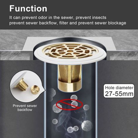 Bonde de douche anti-odeur avec siphon de sol en laiton - Ø 27 mm, anti-refoulement et filtre anti-cheveux pour salle de bain (1/4)