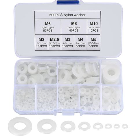 500 pièces rondelle plate en nylon, rondelle plate isolée joint rond joint d'étanchéité kit d'assortiment de tuyaux-M2/M2.5/M3/M4/M5/M6/M8/M10 (B-Blanc) (1/5)