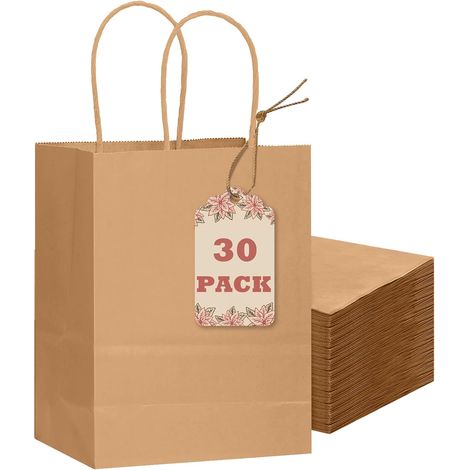 Sac Cadeau - Lot de 30 - Papier Kraft Brun - Avec Poignées - Petit Format - 21 x 8 x 15 cm (1/5)