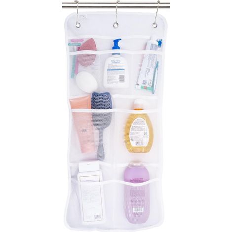 Organizador de cortina de ducha blanco con malla de secado rápido, 7 bolsillos, dimensiones 35,6 x 76,2 cm. (1/5)