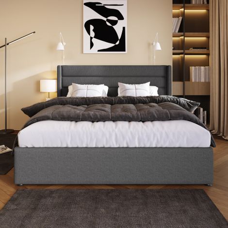 Lit double avec coffre de rangement et mécanisme de relevage hydraulique (160 x 200 cm) — Matelas et lattes en bois (cadre en métal) inclus — Revêtement en tissu gris aspect lin (1/5)