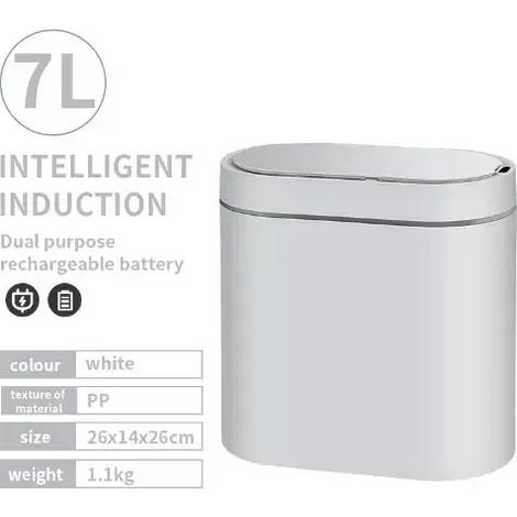 Poubelle automatique à capteur intelligent (blanche, 7 L, rechargeable), étanche, idéale pour la cuisine et la salle de bain. (1/5)