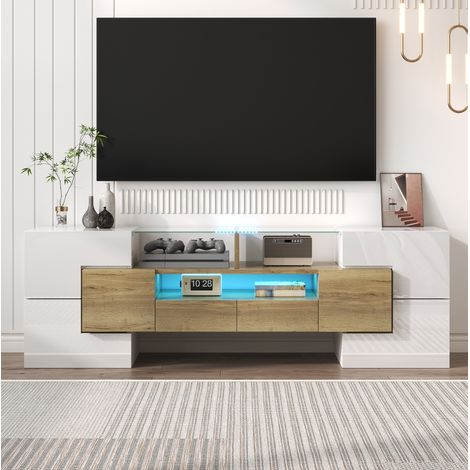 TV-Schrank 145x30x51 cm Weiß und Gold aus Holzwerkstoff mit LED-Beleuchtung und viel Stauraum (1/5)