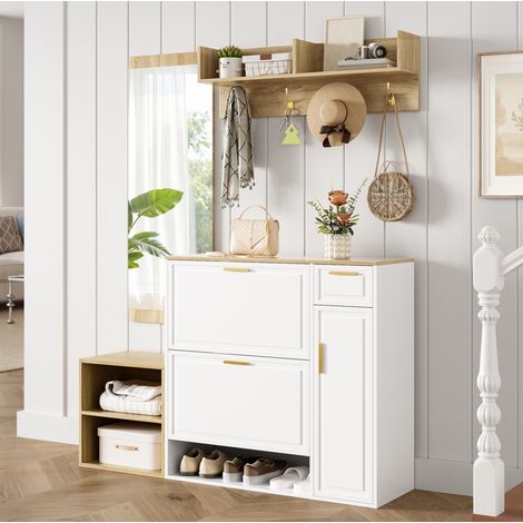 Schuhschrank und 4-teiliges Garderobenset, Weiß und Natur HAVRYA (1/5)