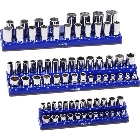 VEVOR Set di Organizzatore per Prese Magnetiche, 3 Supporti Magnetici per Prese, Vassoi per Prese Metriche 1/4 3/8 1/2 Pollici Contengono Fino 75 Prese Standard e Profonde, Blu, Prese Non Incluse