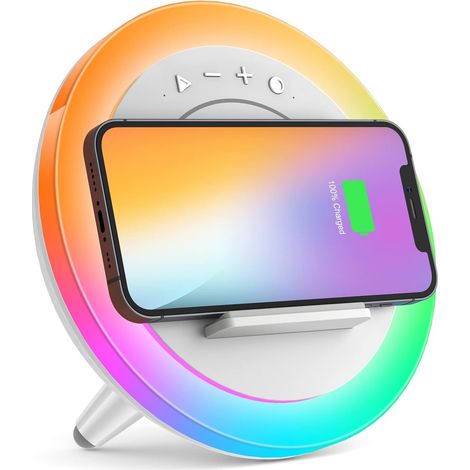 Luce notturna con altoparlante Bluetooth, lampada da comodino con caricabatterie wireless, le migliori idee regalo per festival per ragazze, ragazzi, papà, mamme (ricarica wireless da 5 W), bianco