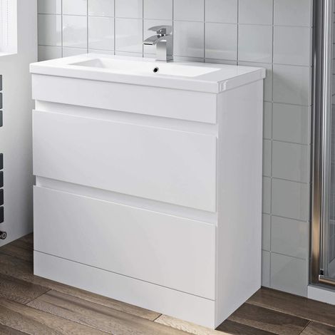 White Gloss Bathroom Furniture Vanity Unit with Basin Sink Cabinet Storage 800mm Drawer (1/8)