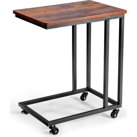 Mophorn Mesa auxiliar en forma de C, mesa de centro compacta de 500 x 350 x 605 mm con estructura metálica y ruedas, ideal como soporte para portátil en sala de estar, en tonos marrón y negro (1/5)