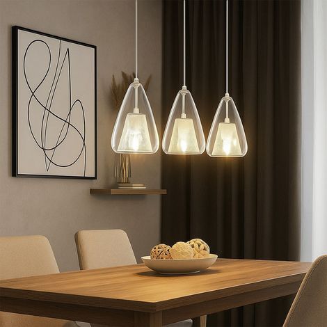 LED Hängelampe 3 flammig Esstischleuchte Glas klar Pendelleuchte Metall weiß Wohnzimmerlampe dimmbar, Metall, 3x 4W 470Lm warmweiß, LxH 75x150 cm
