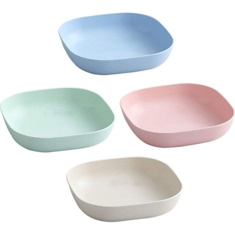 GROOFOO 4 Pièces Assiettes carrées en paille de blé dégradable et écologique Assiettes légères en paille incassable Plateau de service pour snacks, salades et nouilles (1/5)