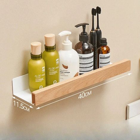 Étagère de salle de bain en bois de hêtre (40 cm), support de rangement mural sans perçage, étagères de rangement pour salon, étagères murales (1/5)