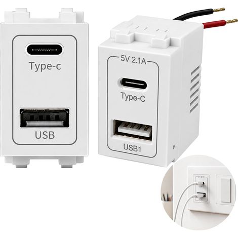 Module Charge USB Encastrable Double Port, Prise USB Type-C et USB-A, Transformateur 220V 5V 2,1 A, Chargeur Mural USB C pour Plaque Murale Panneau, Lot de 2, Noir (1/5)