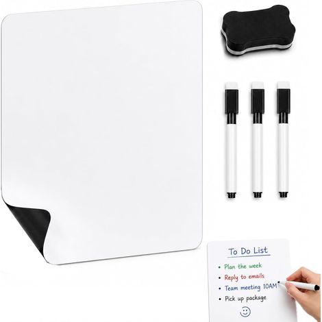Tableau Magnetique Frigo A4, Tableau Blanc Effacable 1 Pièces, Avec 3 Marqueurs + 1 Effaceur, Tableau Aimanté Pour Listes De Courses, Réfrigérateur, Planification, Notes Et Messages (1/5)