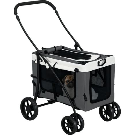 Poussette pliable animaux chien chat nacelle amovible bandoulières 4 roues 81 x 58 x 97, 5 cm gris