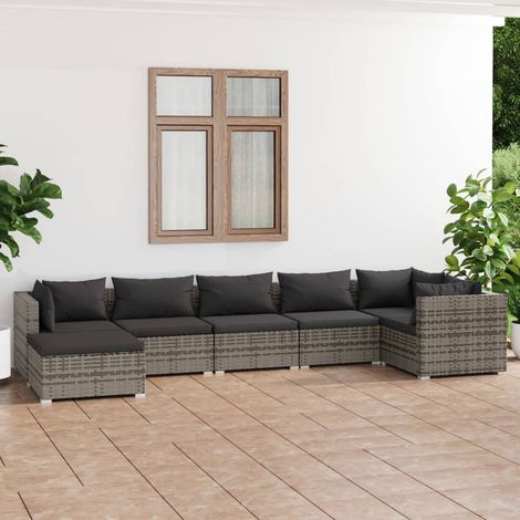 7 pcs Salon de jardin, Ensemble table et chaises de jardin, Meuble de jardin avec coussins Résine tressée Gris MKW695805 (1/5)