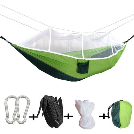 Hamac 260x140 cm aus Nylon-Taft - mit Moskitonetz und Tasche - Leicht, Robust, Mückenschutz - Grün - Ideal für Camping und Entspannu