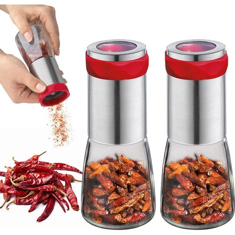 Ensemble de 2 moulins à piment, 140 ml, coupe-piment en verre, moulin à épices, moulin à piment en verre, moulin à piment avec lame en acier inoxydable, coupe également d'autres herbes grossières pour (1/5)