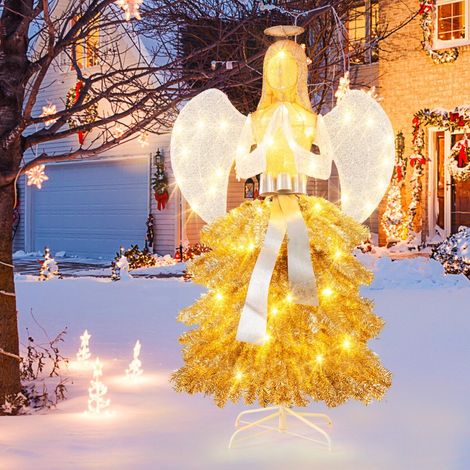 62" Pre-Lit Artificial Christmas Tree Angel Shaped Xmas Decoration with Warm White LED Lights Gold Leaves Stakes (1/5)