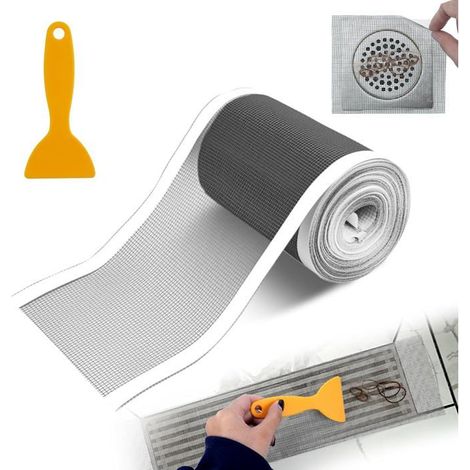 Grille Anti-Poils Adhésive 10x100 cm pour Douche Évier - Lot avec Grattoir Nettoyant Salle de Bains Cuisine Jetable (1/4)