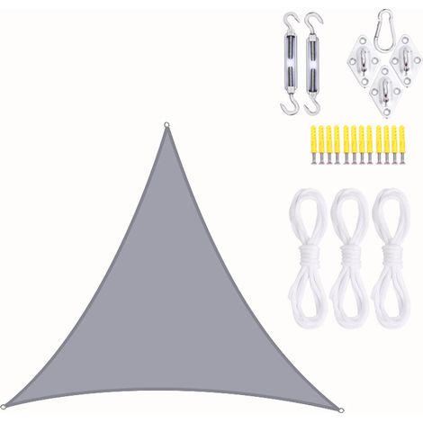 Voile d'ombrage triangulaire étanche pour terrasse de jardin avec kit de fixation, gris