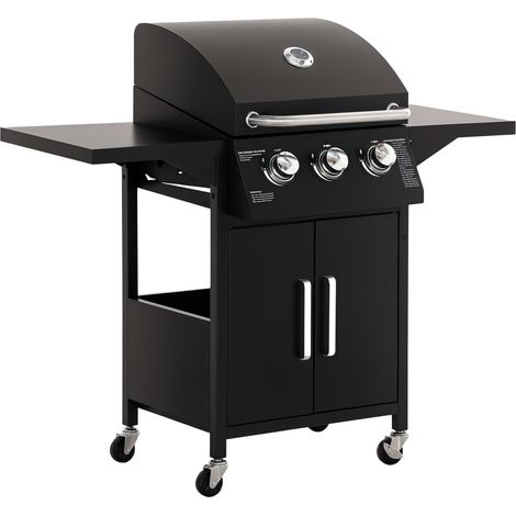Outsunny 3 Burner Gas BBQ Grill Outdoor Portable Barbecue Trolley w/ Warming Rack, Side Shelves, Storage Cabinet, Thermometer, Carbon Steel, Black (1/5)