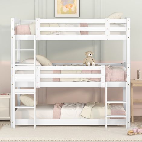 DESVIAE Lit superposé triple enfant 90 x 200 cm en pin avec barrières de sécurité et 2 échelles blanc lit modulable gain de place (1/5)