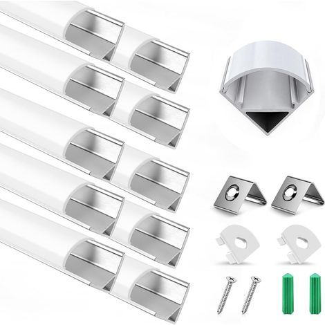 Profilé LED, Lot de 10 x 1 m, Rail en Aluminium Argenté en V avec Diffuseur Opaque, Embouts et Clips, Pour Ruban LED à Montage en Surface, Maison et Commerce (1/5)