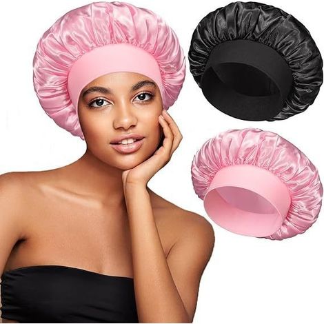 Cappello da donna in due pezzi con tesa larga e alta elasticità - cuffia da notte in raso - cuffia per la doccia per acconciature - cuffia per la cura dei capelli - diametro 40 cm (1/5)