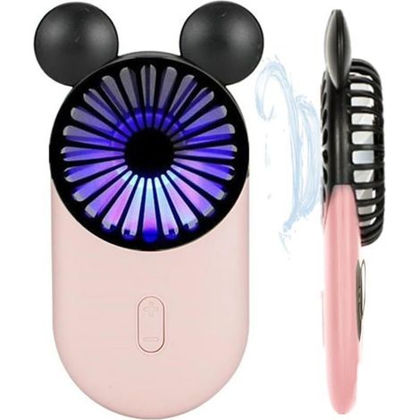 Mini ventilateur personnel mignon de souris, ventilateur portatif rechargeable par USB avec une jolie lumière LED, 3 vitesses régla