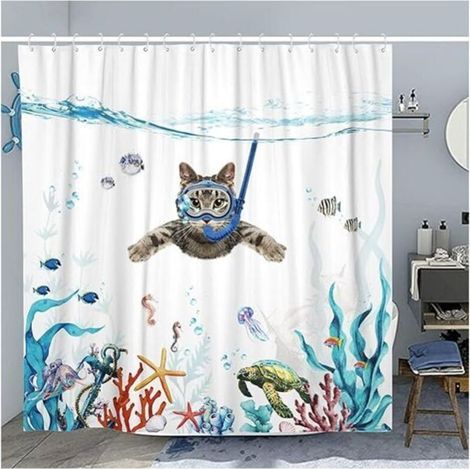 Rideau de douche motif chat amusant, tissu imperméable bleu sarcelle et océan avec imprimé animal, décoration de salle de bain (180 x 180 cm) (1/2)