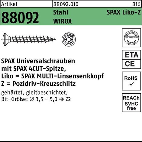 Vis à tête fraisée bombée Pozidriv Wirox Acier zingué blanc entièrement filetées 4x20 boîte de 1000 - SPAX FRANCE
