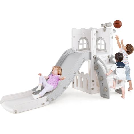 COSTWAY 6 in 1 Scivolo per Bambini, Set da Gioco a Forma di L con Canestro da Basket e Telescopio, Spazio di Archiviazione, Scivolo da Interno ed Esterno per 1-3 Anni (Grigio) (1/5)