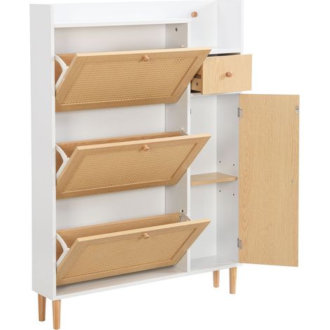Meuble à chaussures en panneau de bois effet rotin – adapté aux entrées étroites – 3 portes abattantes et 1 tiroir – avec pieds et poignées en bois massif – dimensions: L90/H125/P17 cm (1/5)