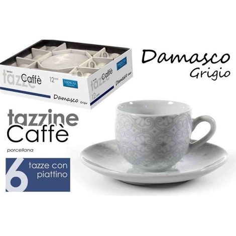Trade Shop - SET 6 STÜCK KAFFEETASSEN UNTERTASSE KLASSISCH MODERN DAMAST GRAU PORZELLAN 720383 - (1/2)