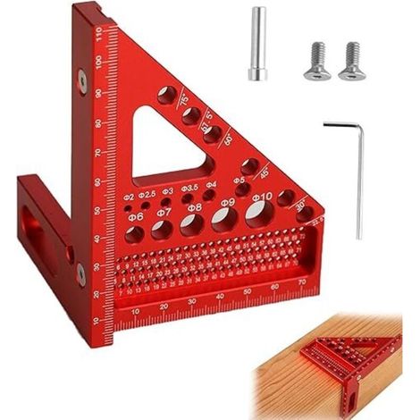 Équerre 3D - Angle réglable de 22,5° à 90° - outil de menuiserie de haute précision en alliage d’aluminium - 3 en 1 : traçage/perçage/mesure - adapté aux menuisiers et aux ingénieurs (Rouge) (1/4)
