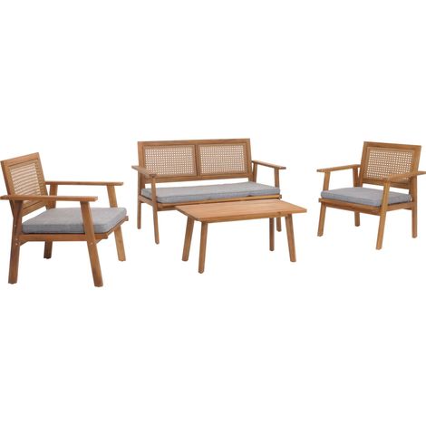 Conjunto de jardín HHG-961, conjunto de jardín banco de jardín sillón mesa, madera de acacia certificada MVG, cojines gris (1/5)
