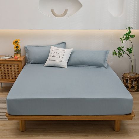 Drap de lit tout compris en coton lavé de couleur unie, protège-matelas antidérapant, housse anti-poussière, couvre-lit simple, taie d'oreiller (1/3)