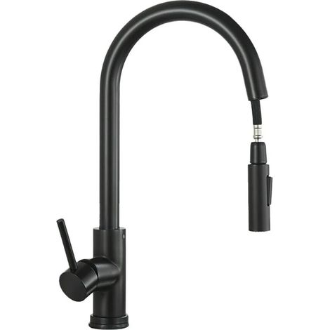 Robinet mitigeur de cuisine noir mat avec douchette extensible, robinet d'évier pivotant à 360° en acier inoxydable pour 2 trous
