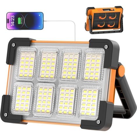 Projecteur Led Batterie, Projecteur LED Chantier, 4 Modes Lampe LED Rechargeable Solaire, Portable LED Lampe de Travail Étanche USB, Baladeuse LED Rechargeable pour Garage, Camping, entretien, urgence (1/5)