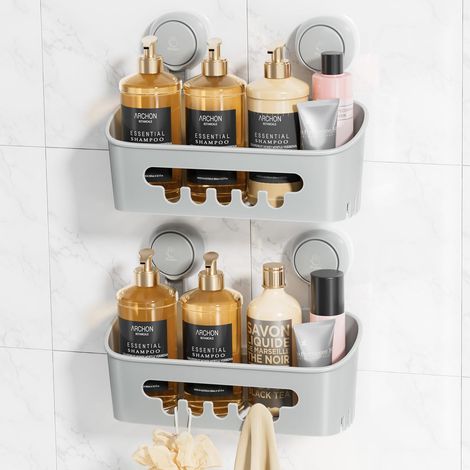 2PCS Etagère Douche sans Perçage Réutilisable Etagère Ventouse Simple d'Installation Charge 10KG Impérable Rangement Douche pour Carrelage Paroi de la Salle de Bain (1/5)